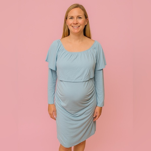 BLUE PULLOVER BLUE MATERNITY DRESS BY PINK BLUSH SIZE SMALL GENTLY WORN - Picture 1 of 3